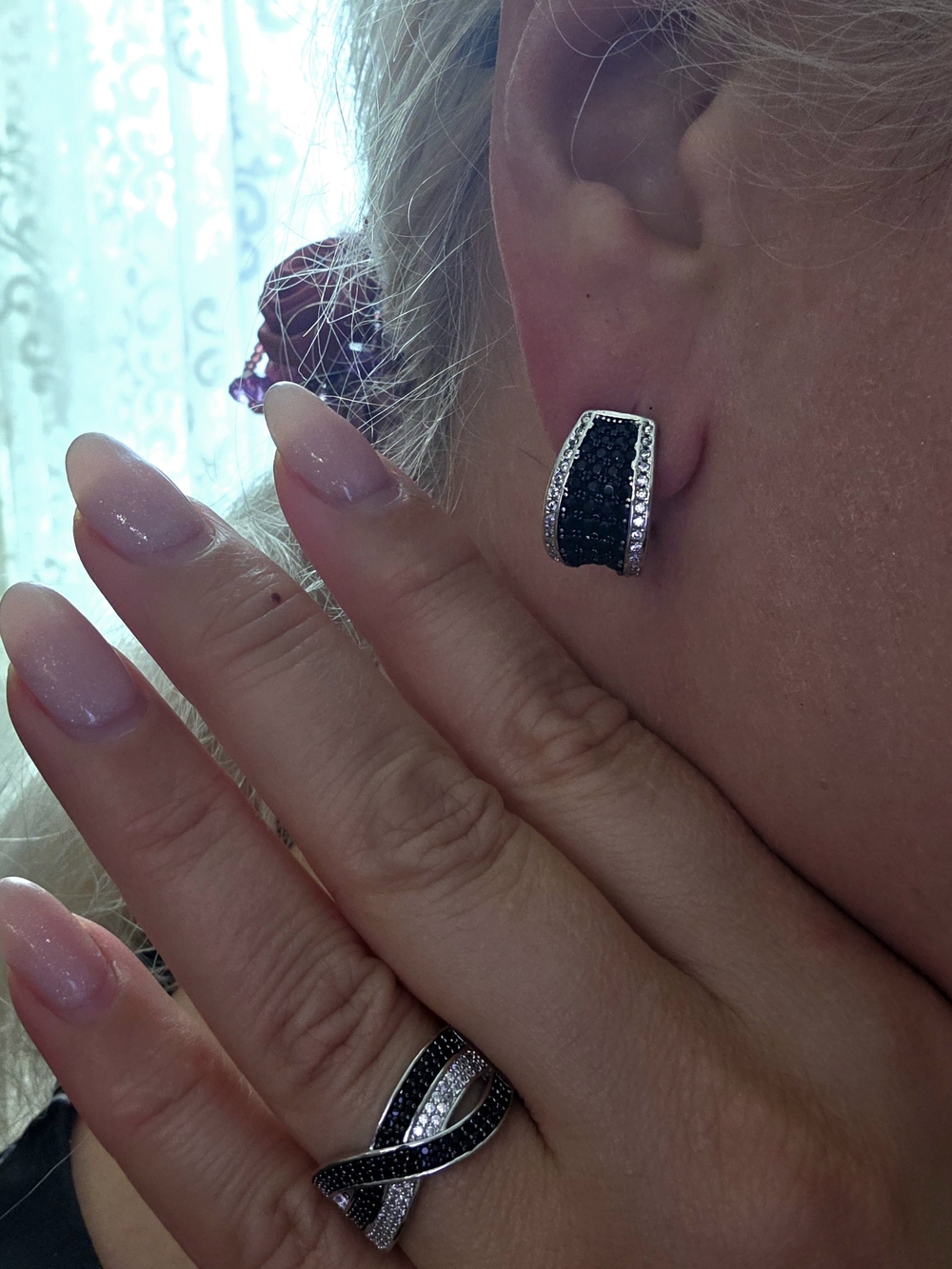 Elegant Black Crystal Hoop Earrings and Black-Crystal Twist Ring Set
